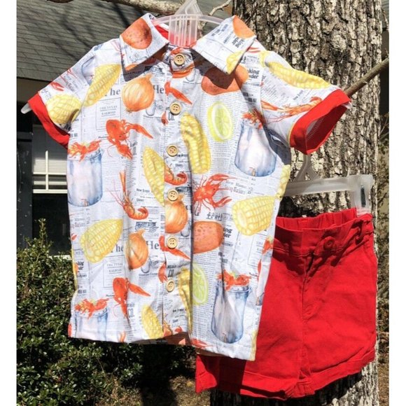 12-18M Top & Shorts Set Top Cajun Shrimp Potatoes Corn in Stock Pot Red Shorts - Picture 1 of 6